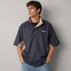 PING Collection Golf Wind Pullover Jacket Mens Large Navy Beige Short Sleeve